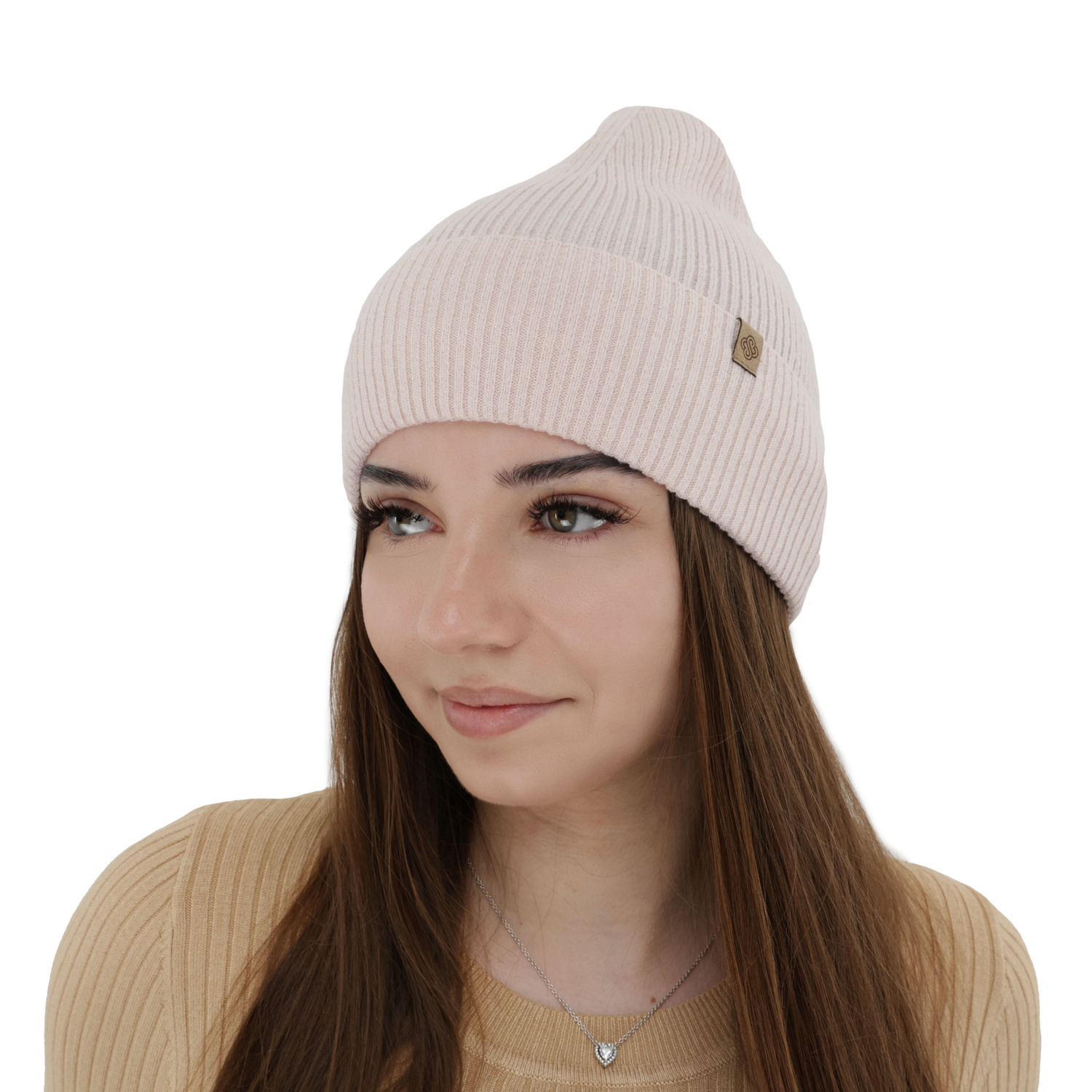 Dámská podzimní, zimní čiapka, svetloružová, s merino vlnou s kašmírom, Alineta