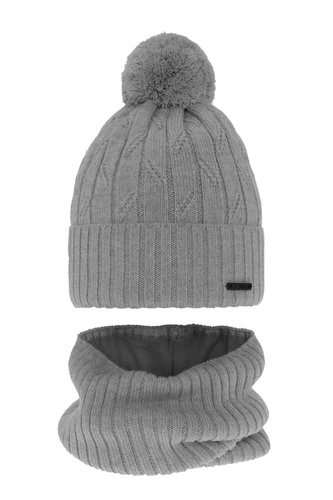 Kompletná zimná detská sada: čiapka a šál šedý s bambuľou merino vlna Talar