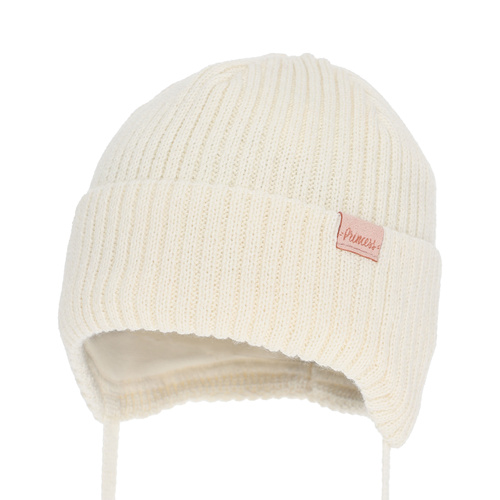 Dívčí zimní čiapka, krémová, zaväzovacia, s merino vlnou, Punia