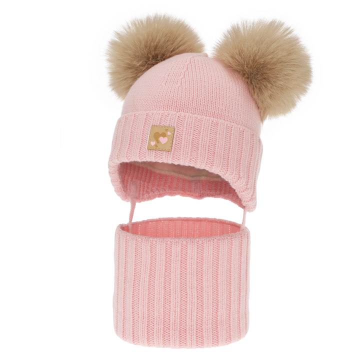 Dievčenská čiapka a nákrčník, zimný set, ružový, 100% merino vlna, podšitý vlneným polaram, Ronia
