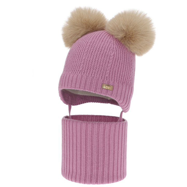 Dievčenská čiapka a nákrčník, zimný set, fialový, 100% merino vlna, podšitý vlneným polaram, Lumia