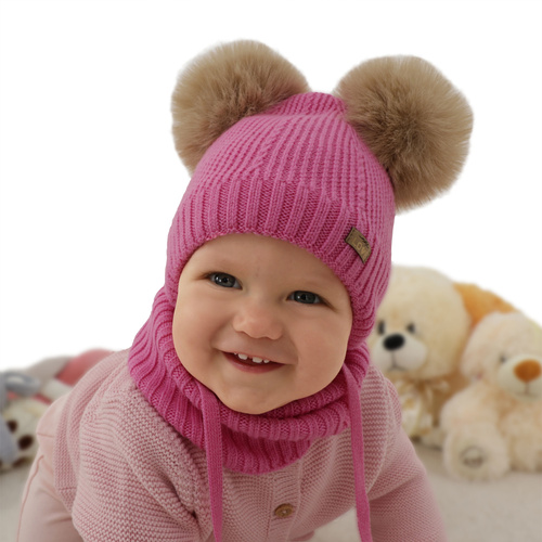 Dievčenská čiapka a nákrčník, zimný set, svetlo ružový, 100% merino vlna, podšitý vlneným polaram, Lumia