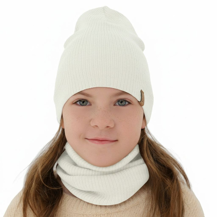 Jesenný/jarný dievčenský set: čiapka a tunel bílý 100% lână merino extra fină Ricona