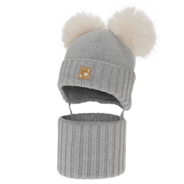 Dievčenská čiapka a nákrčník, zimný set, šedý, 100% merino vlna, podšitý vlneným polaram, Ronia