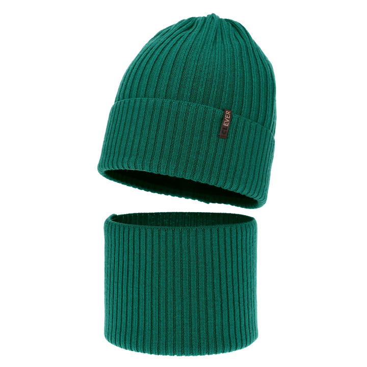 Komplet zimný chlapčenský: čiapka a šál, zelený, 100% merino vlna Gizmo