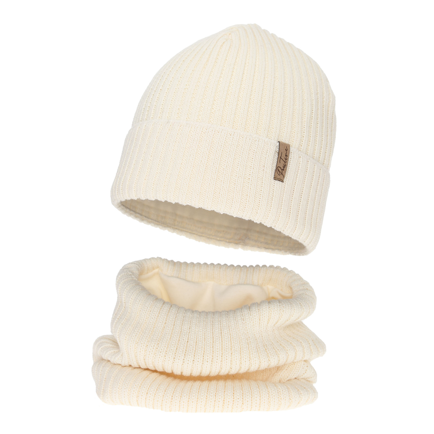 Komplet zimní dívčí: čiapka a tunel, krémový, s merino vlnou, Odette