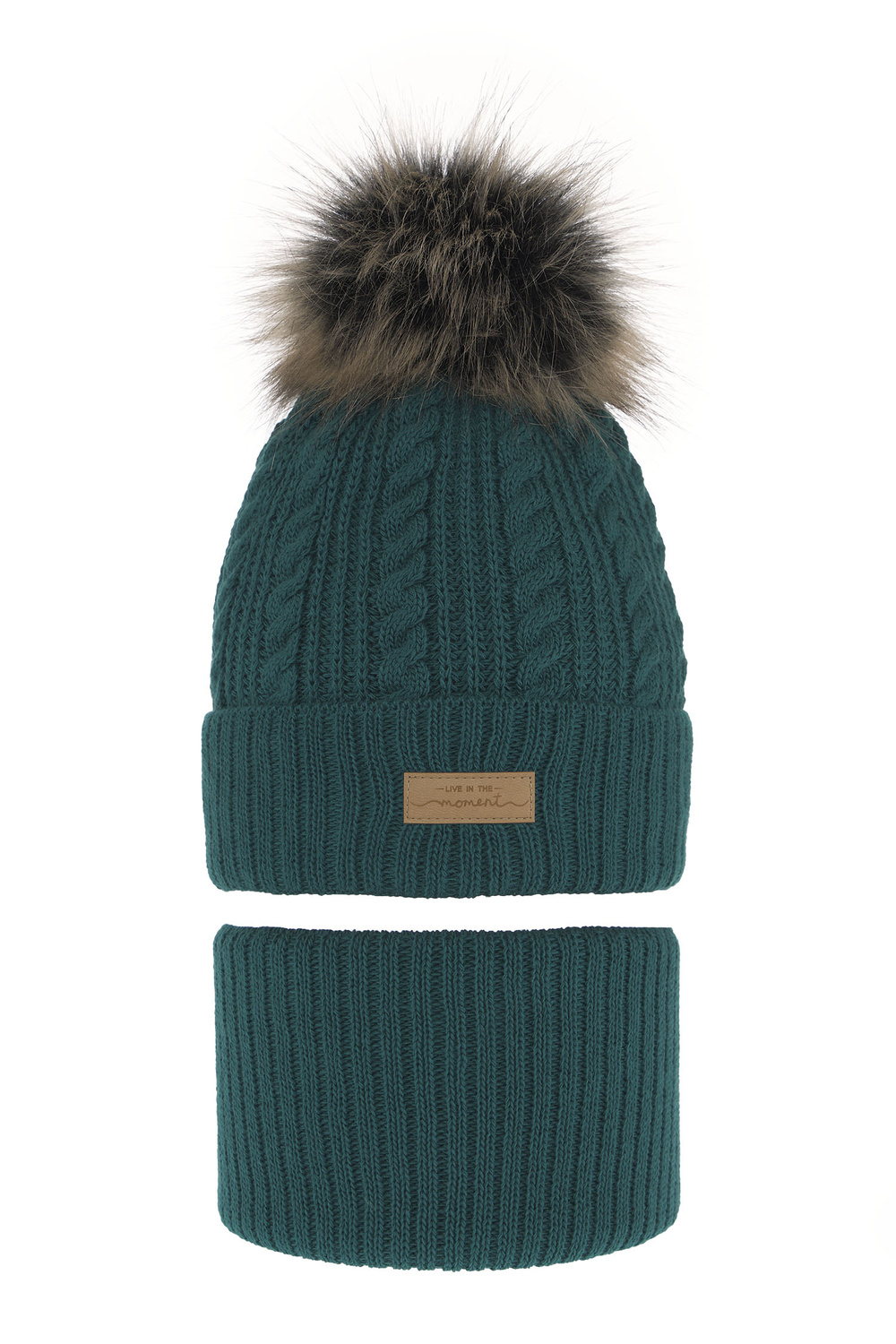 Zimná dievčenská súprava: čiapka a tunel zelený s bambulou Alika