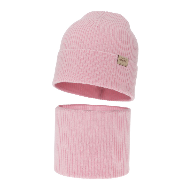 Komplet podzimní, jarní dívčí: čiapka a tunel, ružový, 100 % merino vlnený, Magenta