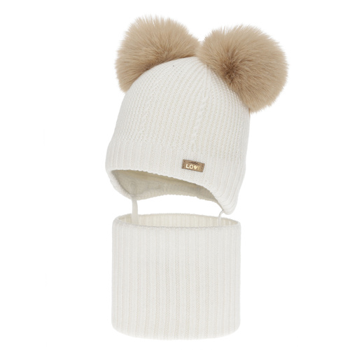 Dievčenská čiapka a nákrčník, zimný set, biely, 100% merino vlna, podšitý vlneným polaram, Lumia