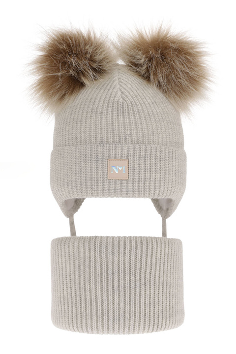 Komplet zimnej dívčej: čiapka a tunel šedý s dvoma bambuľami Kiara