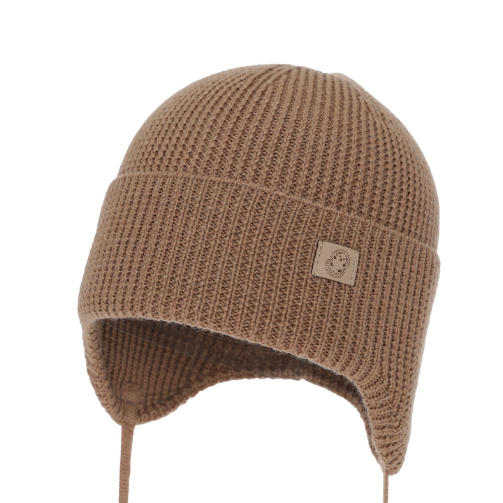 Chlapecká zimní, podzimní, jarná čiapka, 100% merino vlnená, zaväzovacia, camel, Bakadi