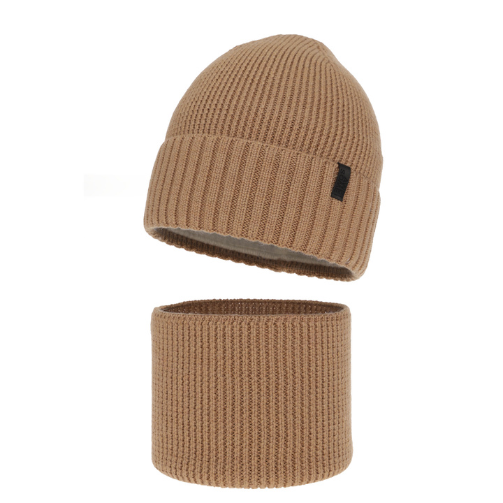 Čiapka a tunel pre chlapca, zimný komplet, 100% merino vlnená, s podšitím s merino vlnou, camel Harbin