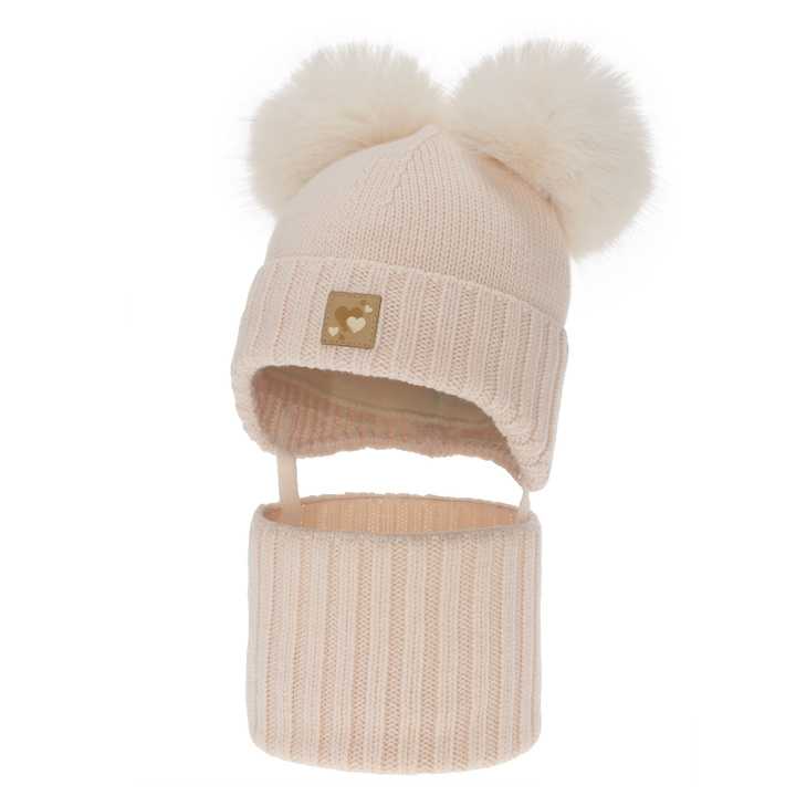 Dievčenská čiapka a nákrčník, zimný set, svetlo ružový, 100% merino vlna, podšitý vlneným polaram, Ronia