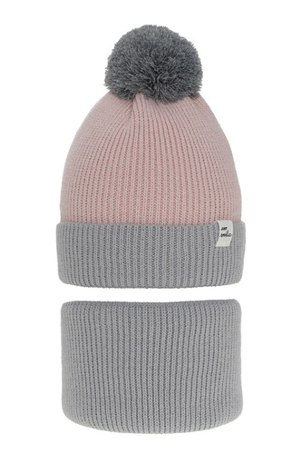 Zimný dievčenský set: čiapka a tunel šedý s bambulou Rosalin