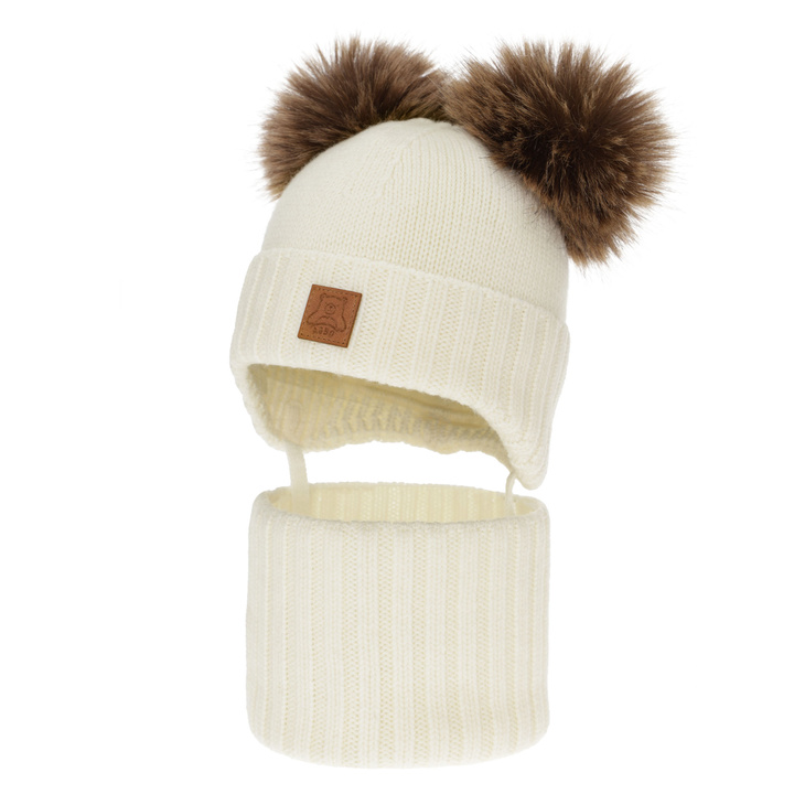 Chlapecká čiapka a nákrčník, zimný set, krémový, 100% merino vlna, podšitý vlneným polaram, Ronik