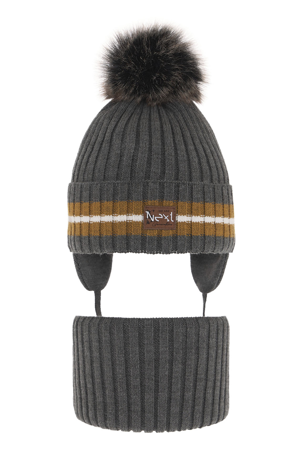 Komplet zimný chlapčenský: čiapka a tunel šedý s bambuľou Echo