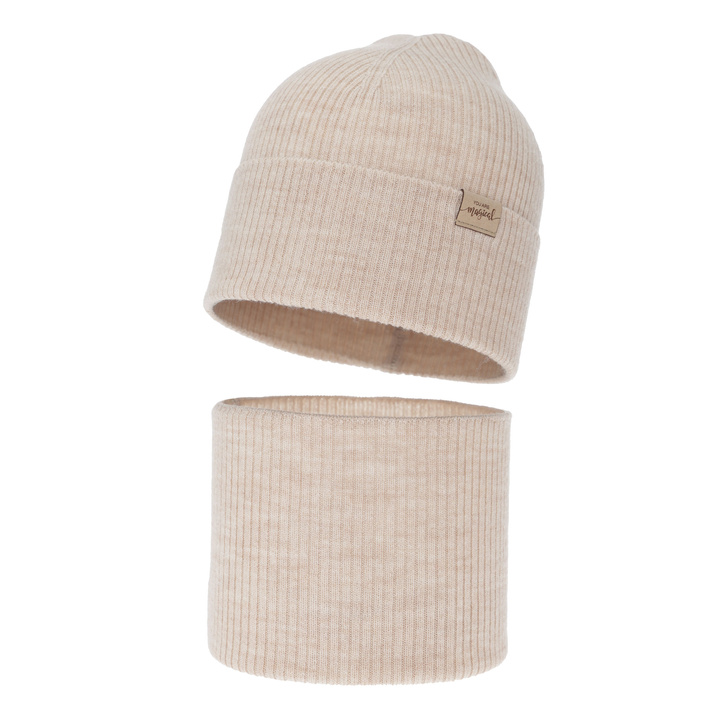 Komplet podzimní, jarní dívčí: čiapka a tunel, krémový, 100 % merino vlnená, Magenta