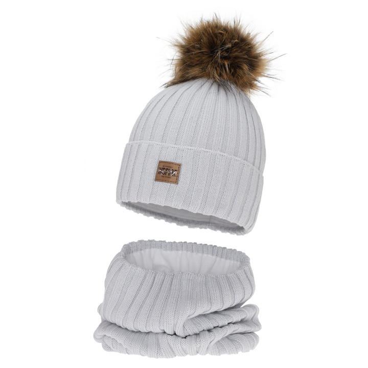 Komplet zimní dívčí: čiapka a tunel, šedý, podšitý polárnym rúnom, s merino vlnou, Bellina