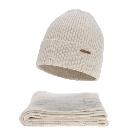 Komplet zimní dámský: čiapka a šála, jasnobeżový, s merino vlnou, Seala