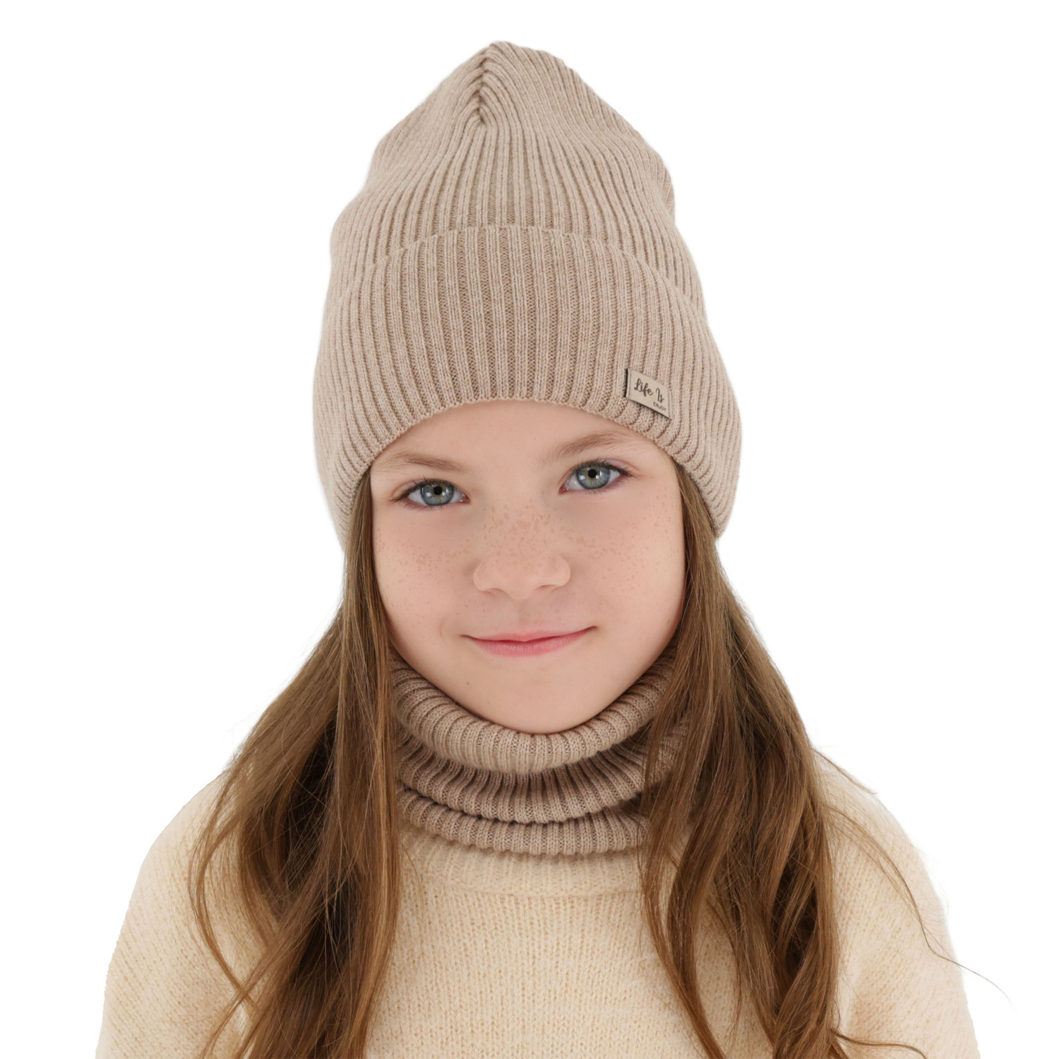 Jesenný/jarný dievčenský set: čiapka a tunel krémový 100% lână merino extra fină Itra