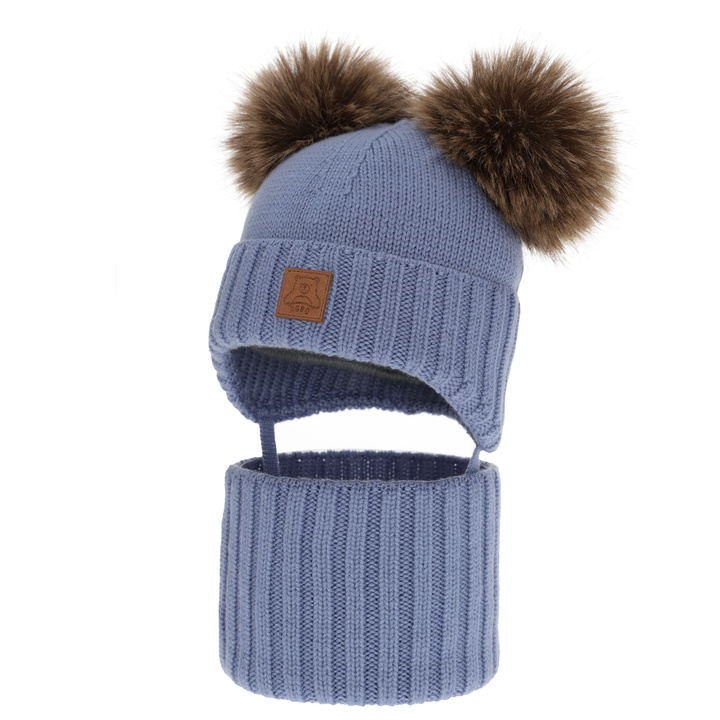 Chlapecká čiapka a nákrčník, zimný set, modrý, 100% merino vlna, podšitý vlneným polaram, Ronik