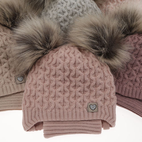 Komplet zimné dievčenské: čiapka a tunel krémový s dvoma bambuľami Poliana