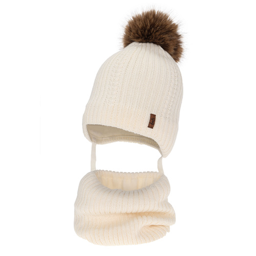 Čiapka a tunel pre chlapca, zimný komplet, krémový, s merino vlnou, zaväzovacia Zongo