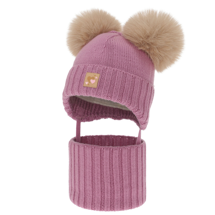 Dievčenská čiapka a nákrčník, zimný set, fialový, 100% merino vlna, podšitý vlneným polaram, Ronia
