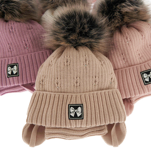 Zimný dievčenský set: čiapka a tunel s bambulou krémový Kinia