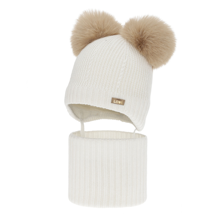 Dievčenská čiapka a nákrčník, zimný set, biely, 100% merino vlna, podšitý vlneným polaram, Lumia