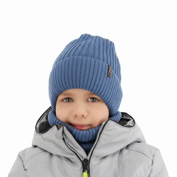 Komplet zimný chlapčenský: čiapka a šál, modrý, 100% merino vlna Gizmo