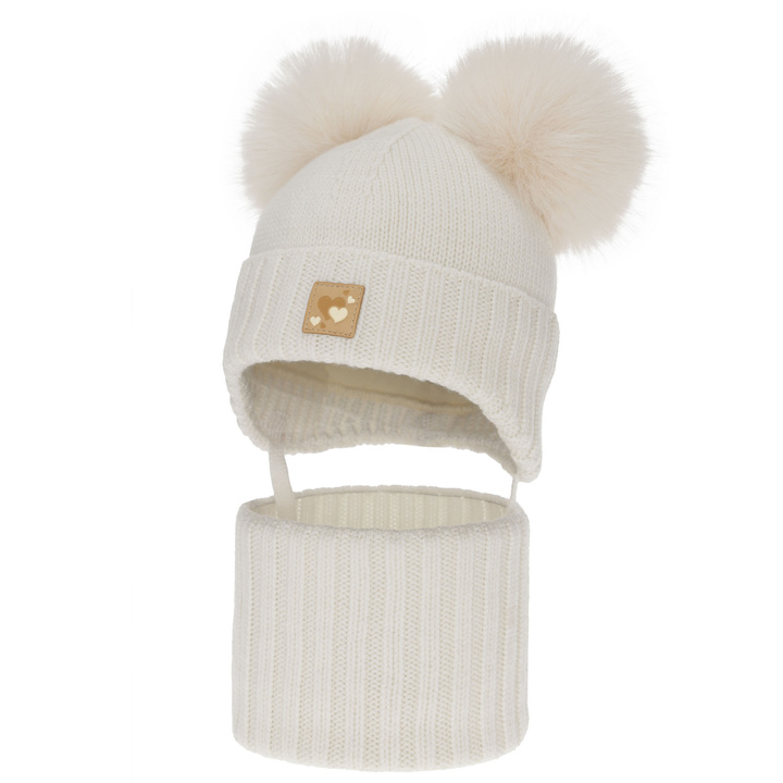 Dievčenská čiapka a nákrčník, zimný set, biely, 100% merino vlna, podšitý vlneným polaram, Ronia