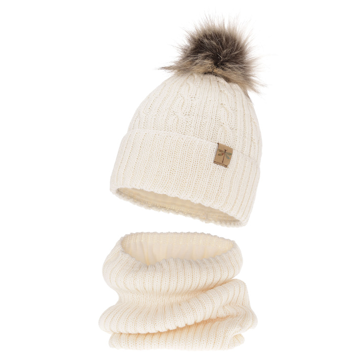 Zimná dievčenská súprava: čiapka a tunel krémový merino vlna Aprilia