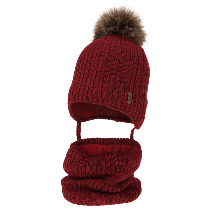 Čiapka a nákrčník pre chlapca zimná súprava, bordó, s merino vlnou, viazaná Zongo