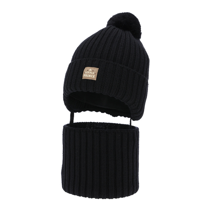 Komplet zimní chlapecký: čiapka a tunel, modrý, 100 % merino vlnený, podšitý vlneným polarom, zaväzovací, Masil