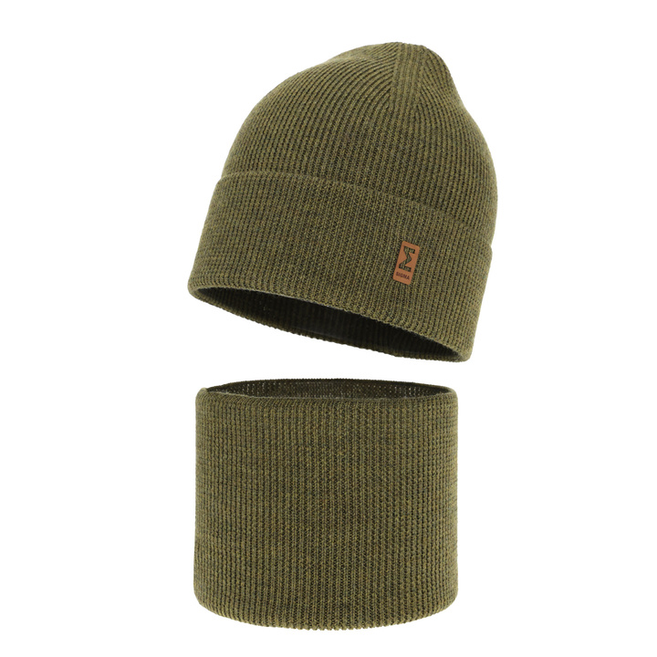 Chlapčenská čiapka a komín, jesenný/jarný set khaki 100% vlna extra jemná merino Bruce