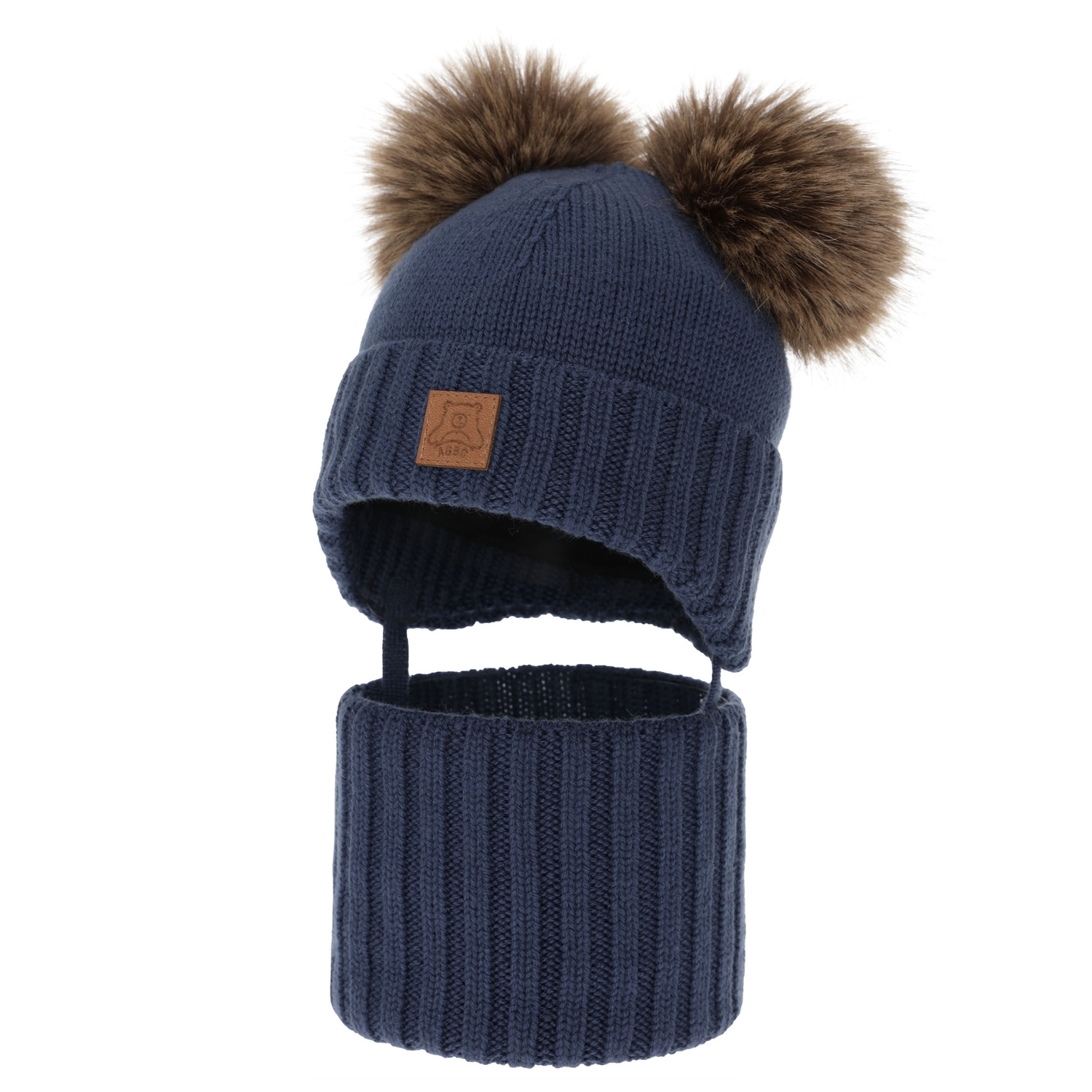 Chlapecká čiapka a nákrčník, zimný set, tmavo modrý, 100% merino vlna, podšitý vlneným polaram, Ronik