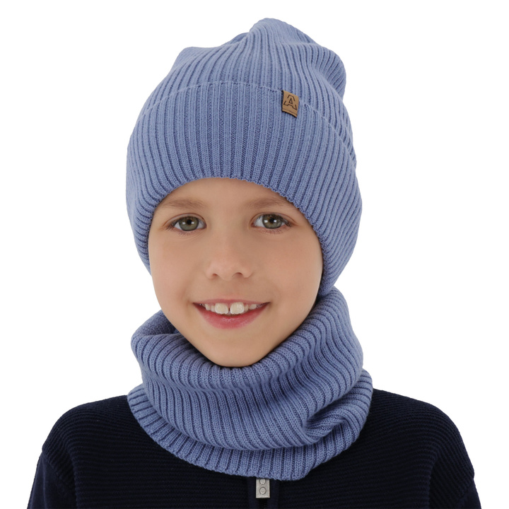 Chlapčenská čiapka a komín, jesenný/jarný set modrý 100% vlna extra jemná merino Lemas