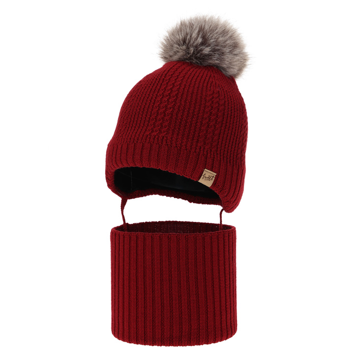 Chlapecká čiapka a nákrčník, zimný set, bordový, 100% merino vlna, podšitý vlneným polaram, na zaväzovanie Danny