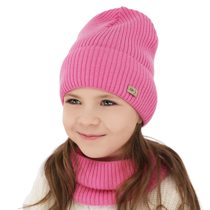 Jesenný/jarný dievčenský set: čiapka a tunel růžový 100% lână merino extra fină Itra