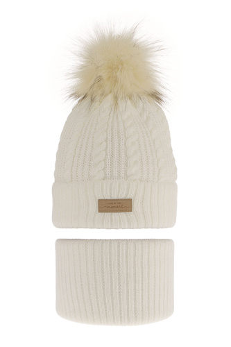 Zimná dievčenská súprava: čiapka a tunel krémový s bambulou Alika