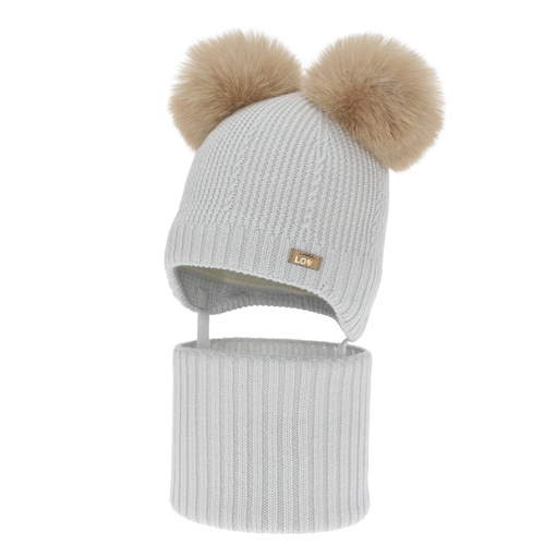 Dievčenská čiapka a nákrčník, zimný set, šedý, 100% merino vlna, podšitý vlneným polaram, Lumia