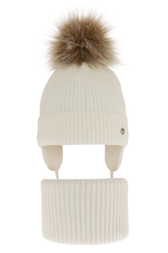 Komplet zimnej dívčej: čiapka a tunel krémový s bambuľou Debra