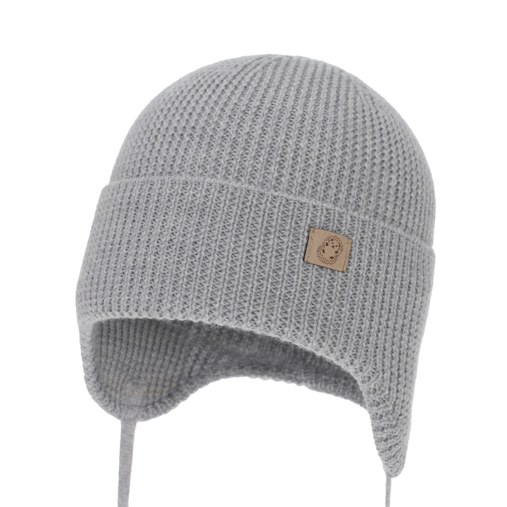 Chlapecká zimní, podzimní, jarní čiapka, sivá, 100 % merino vlnená, zaväzovacia, Bakadi