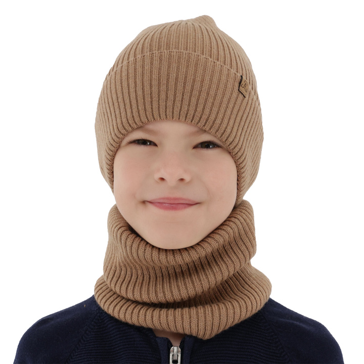 Chlapčenská čiapka a komín, jesenný/jarný set camel 100% vlna extra jemná merino Lemas
