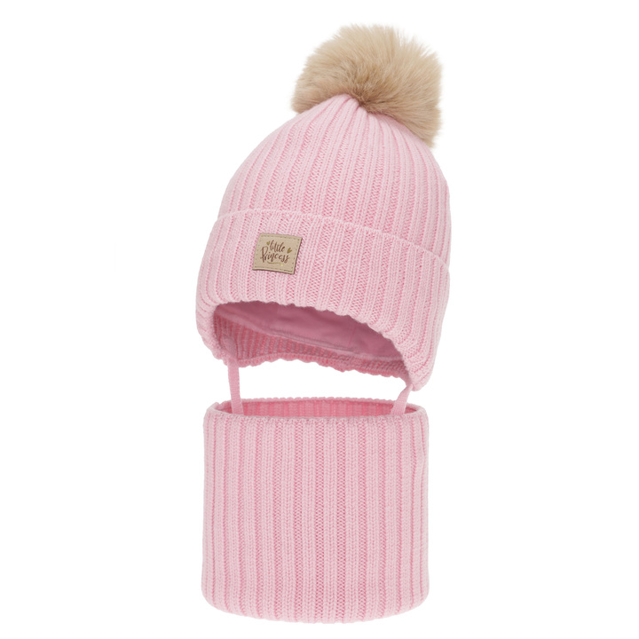 Komplet zimní dívčí: čiapka a tunel, ružový, 100 % merino vlnený, zaväzovací, podšitý bavlnou, Malesia
