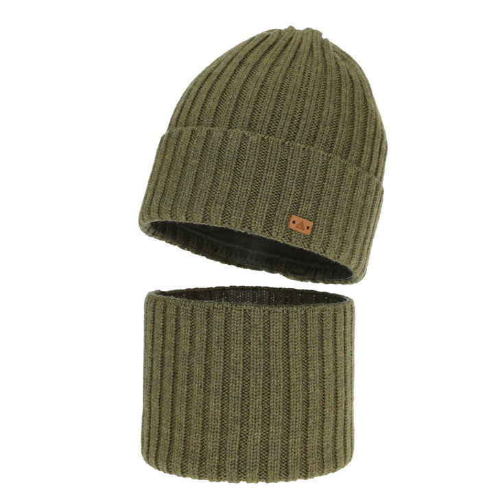 Komplet zimní chlapecký: čiapka a tunel, 100 % merino vlnený, khaki, Umberto