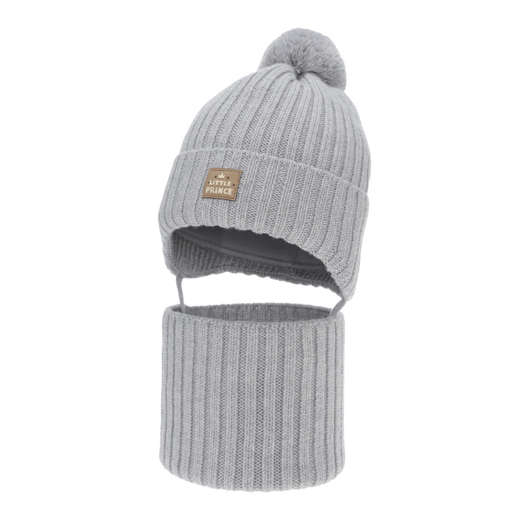 Komplet zimný chlapecký: čiapka a tunel, šedý, 100% merino vlnený, podšitý bavlnou, zaväzovací, Masil