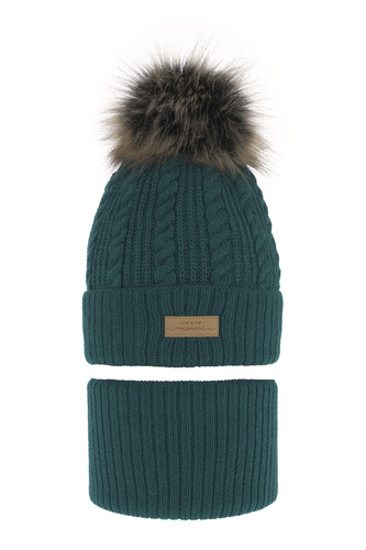 Zimná dievčenská súprava: čiapka a tunel zelený s bambulou Alika