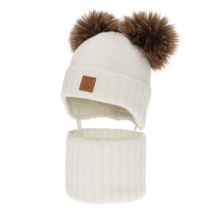 Chlapecká čiapka a nákrčník, zimný set, biely, 100% merino vlna, podšitý vlneným polaram, Ronik